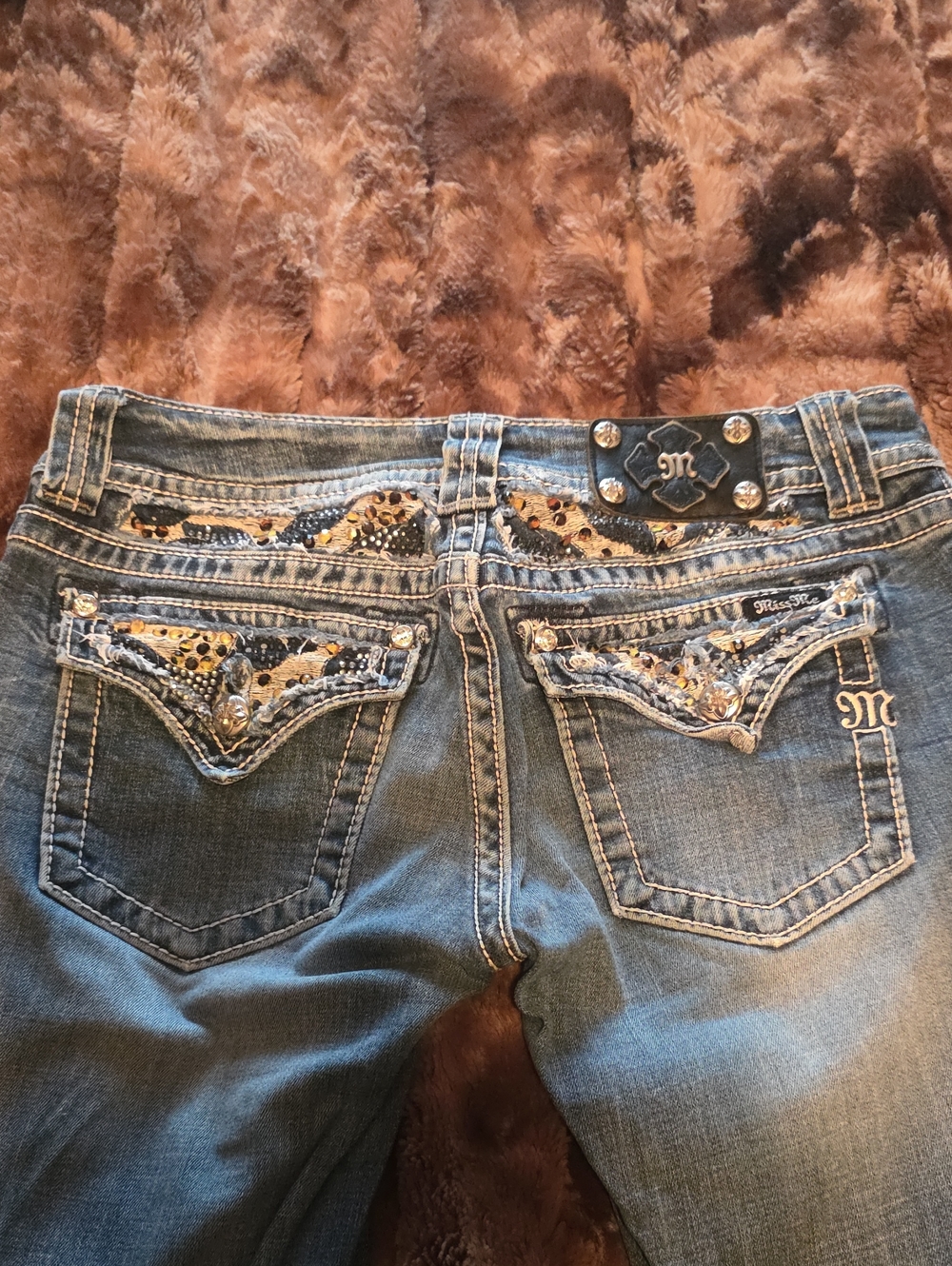 Miss Me Blue Denim Boot Cut Jeans with Embellished Leopard Trim